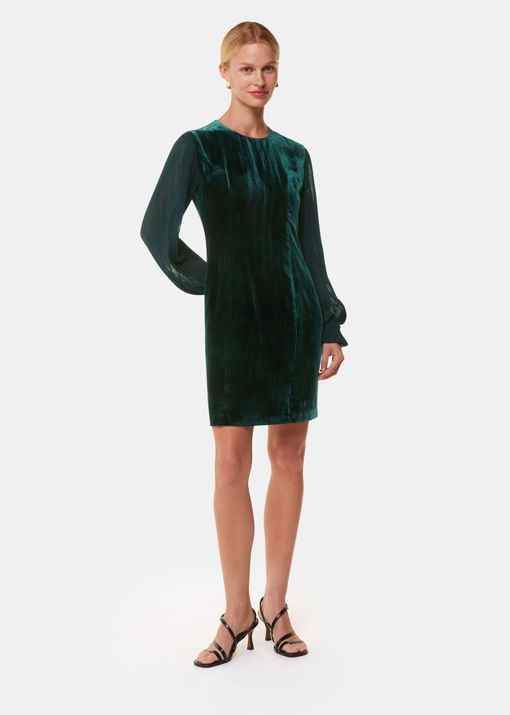 Whistles Velvet Pleated Sleeve Dress Dark Green | US-74012OEVT