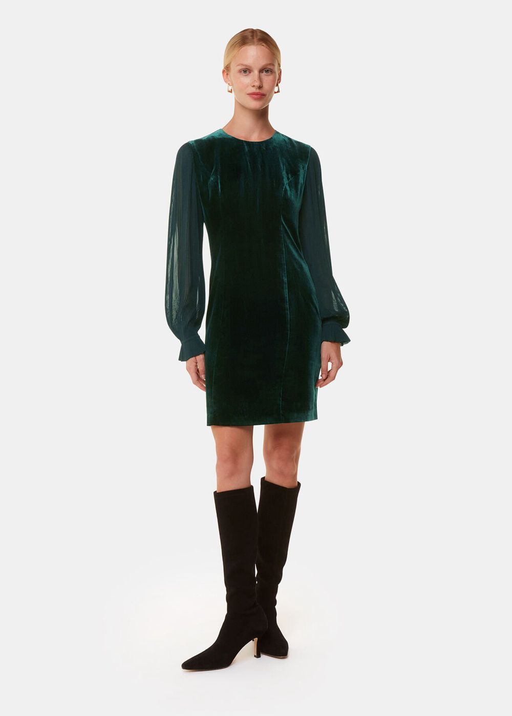 Whistles Velvet Pleated Sleeve Dress Dark Green | US-74012OEVT