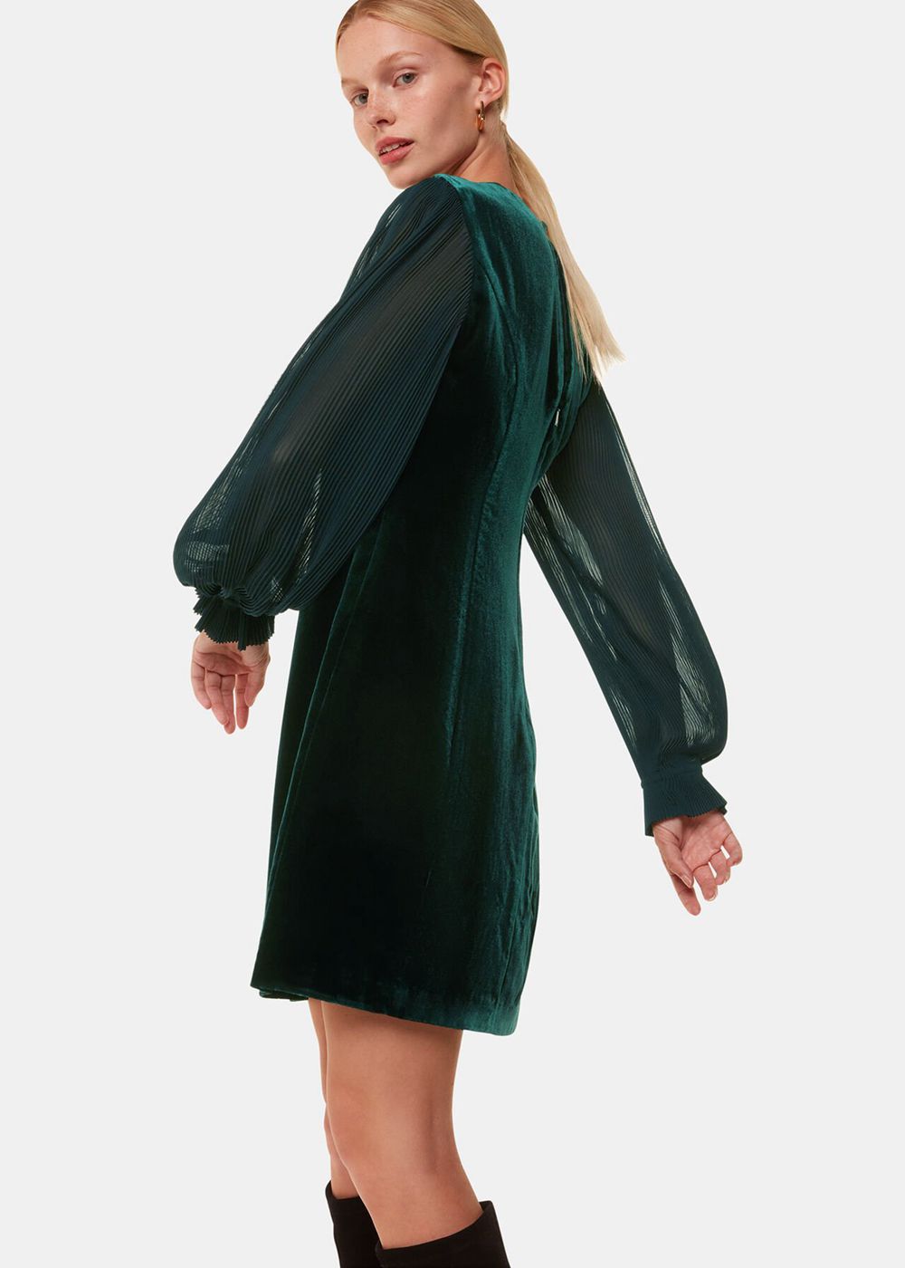 Whistles Velvet Pleated Sleeve Dress Dark Green | US-74012OEVT