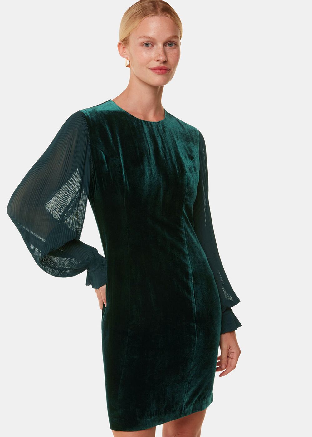 Whistles Velvet Pleated Sleeve Dress Dark Green | US-74012OEVT