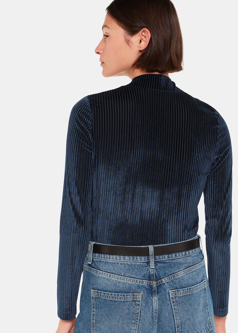 Whistles Velvet Stripe High Neck Top Navy | US-30469PQHG