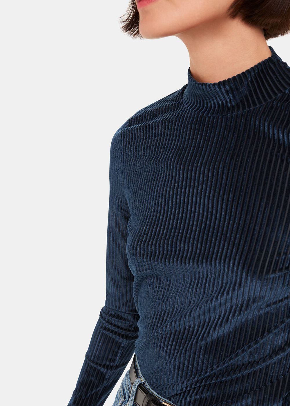 Whistles Velvet Stripe High Neck Top Navy | US-30469PQHG