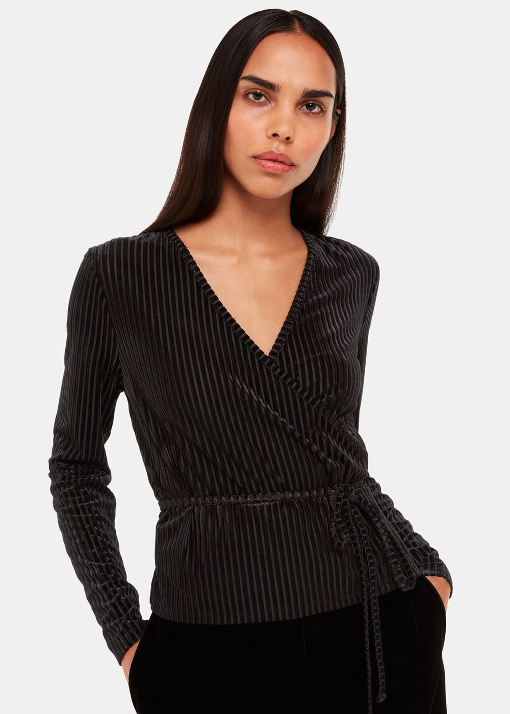 Whistles Velvet Stripe Wrap Cardigan Black | US-98120JLTW