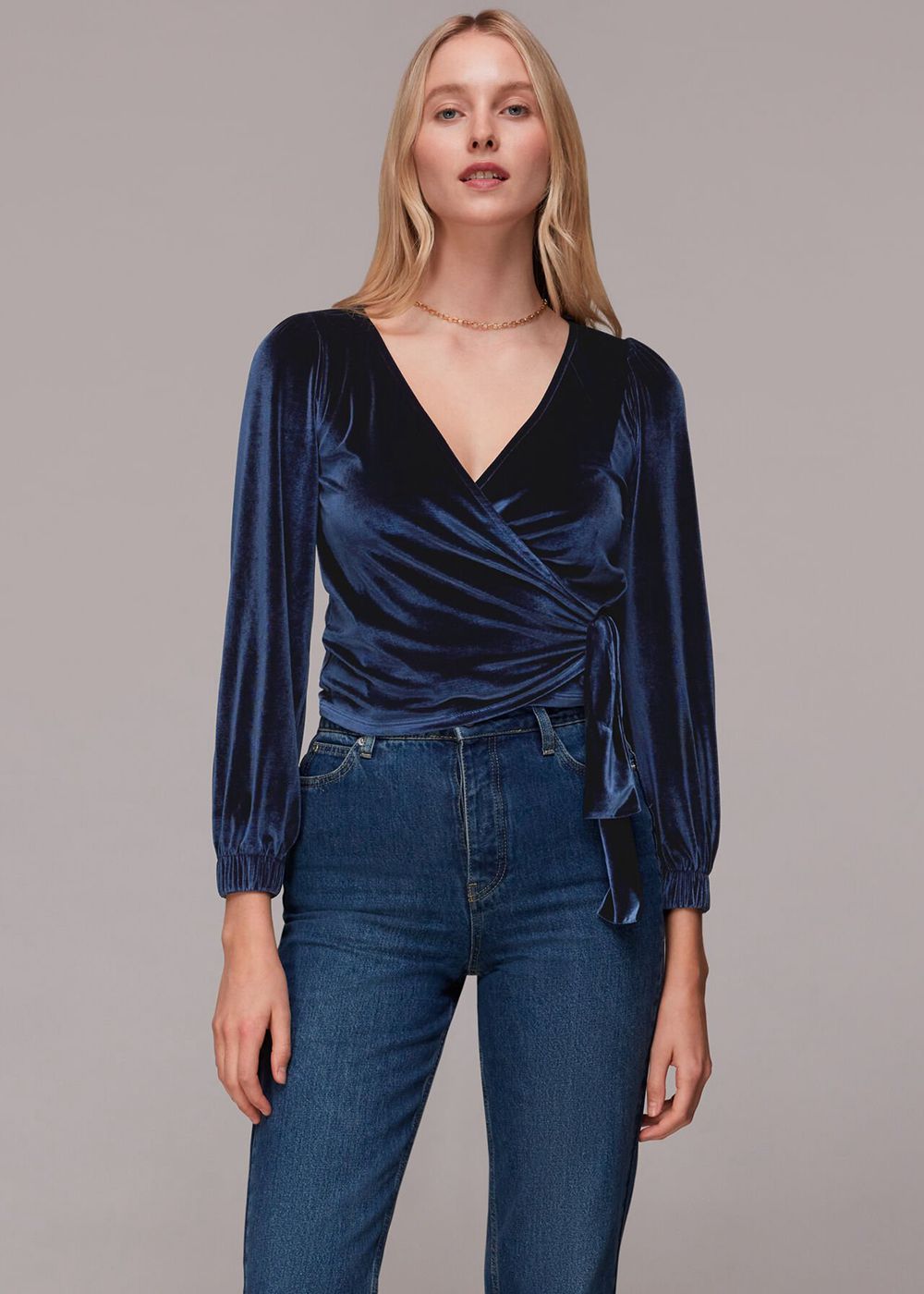 Whistles Velvet V Neck Wrap Top Navy | US-75068WQTE