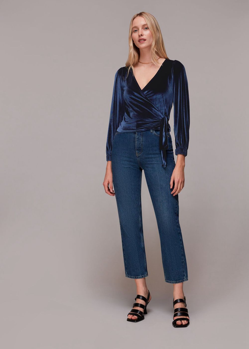 Whistles Velvet V Neck Wrap Top Navy | US-75068WQTE