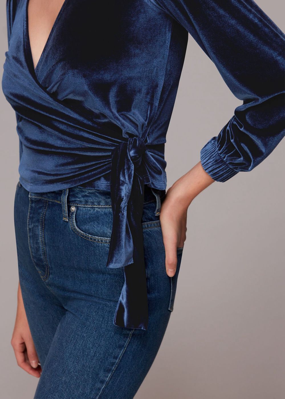 Whistles Velvet V Neck Wrap Top Navy | US-75068WQTE