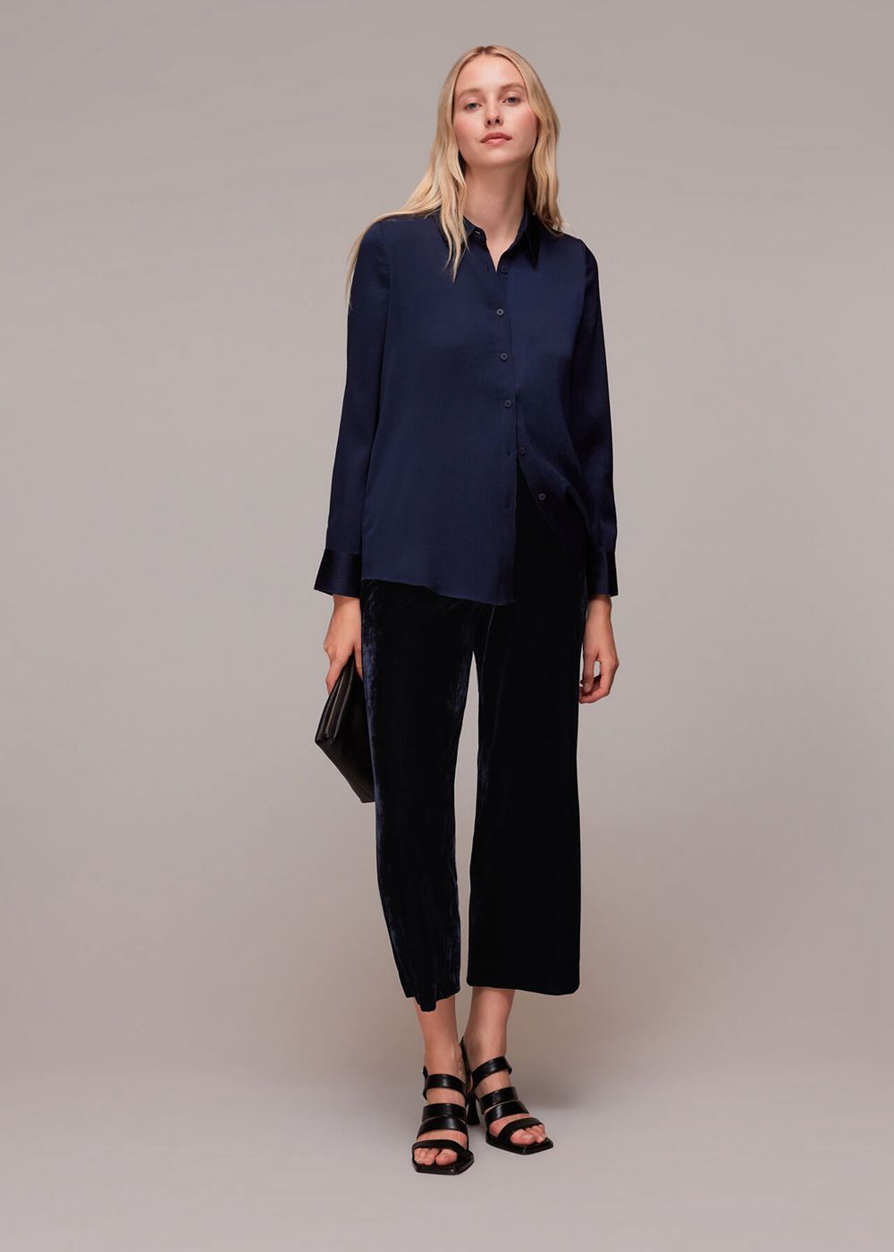 Whistles Velvet Wide Leg Crop Pants Navy | US-18472ZKGQ