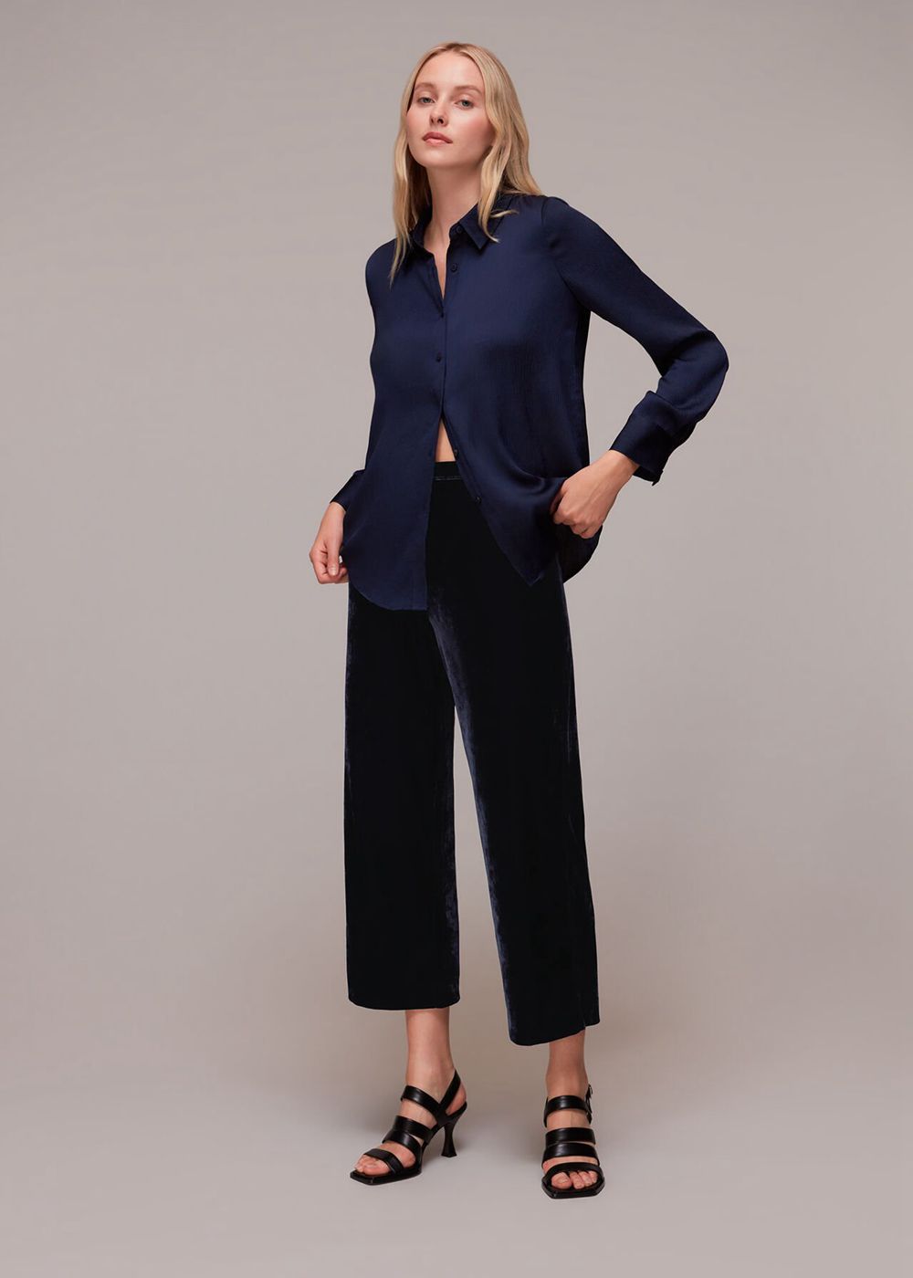 Whistles Velvet Wide Leg Crop Pants Navy | US-18472ZKGQ