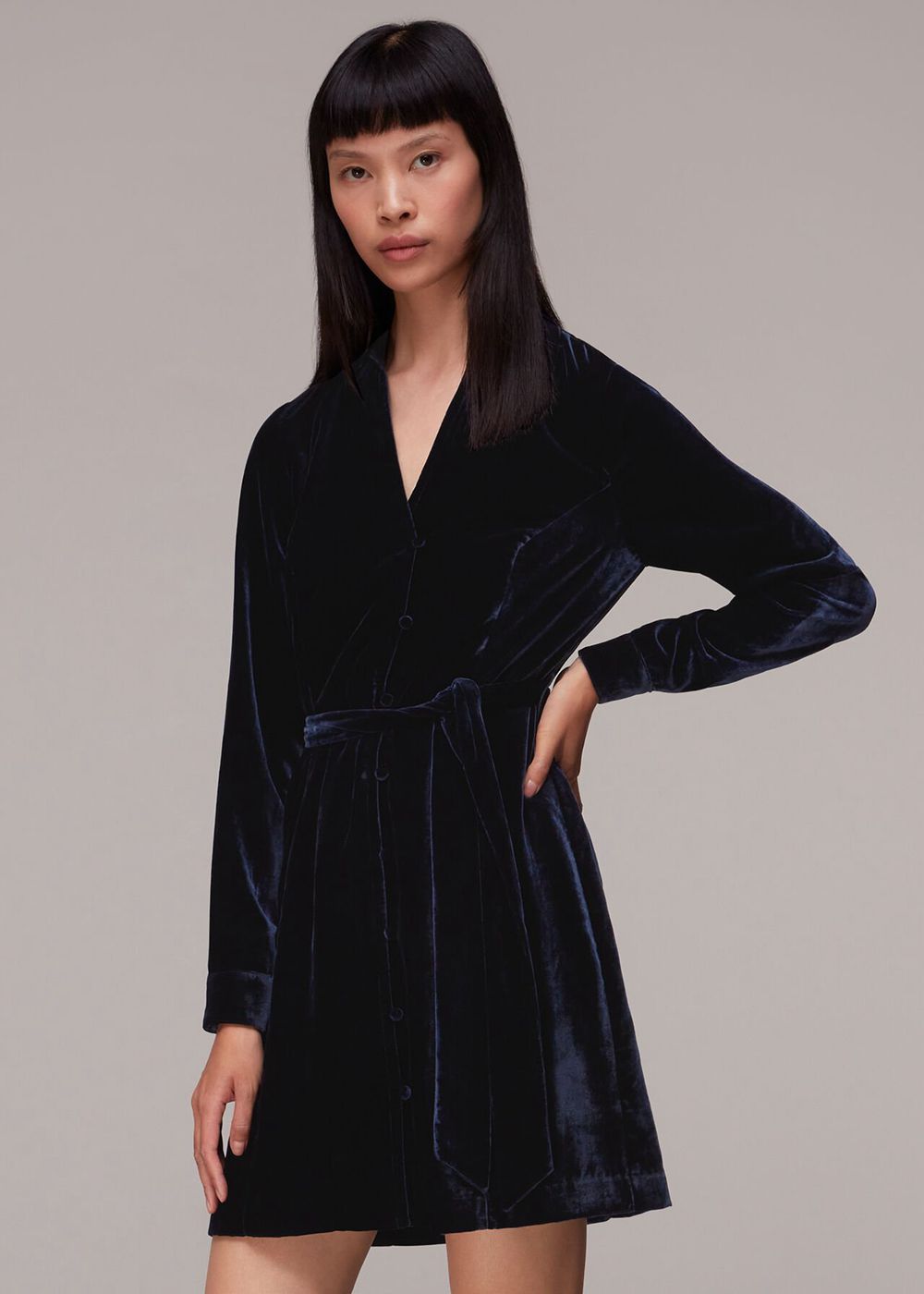 Whistles Velvet Wrap Mini Dress Navy | US-24168TFEM