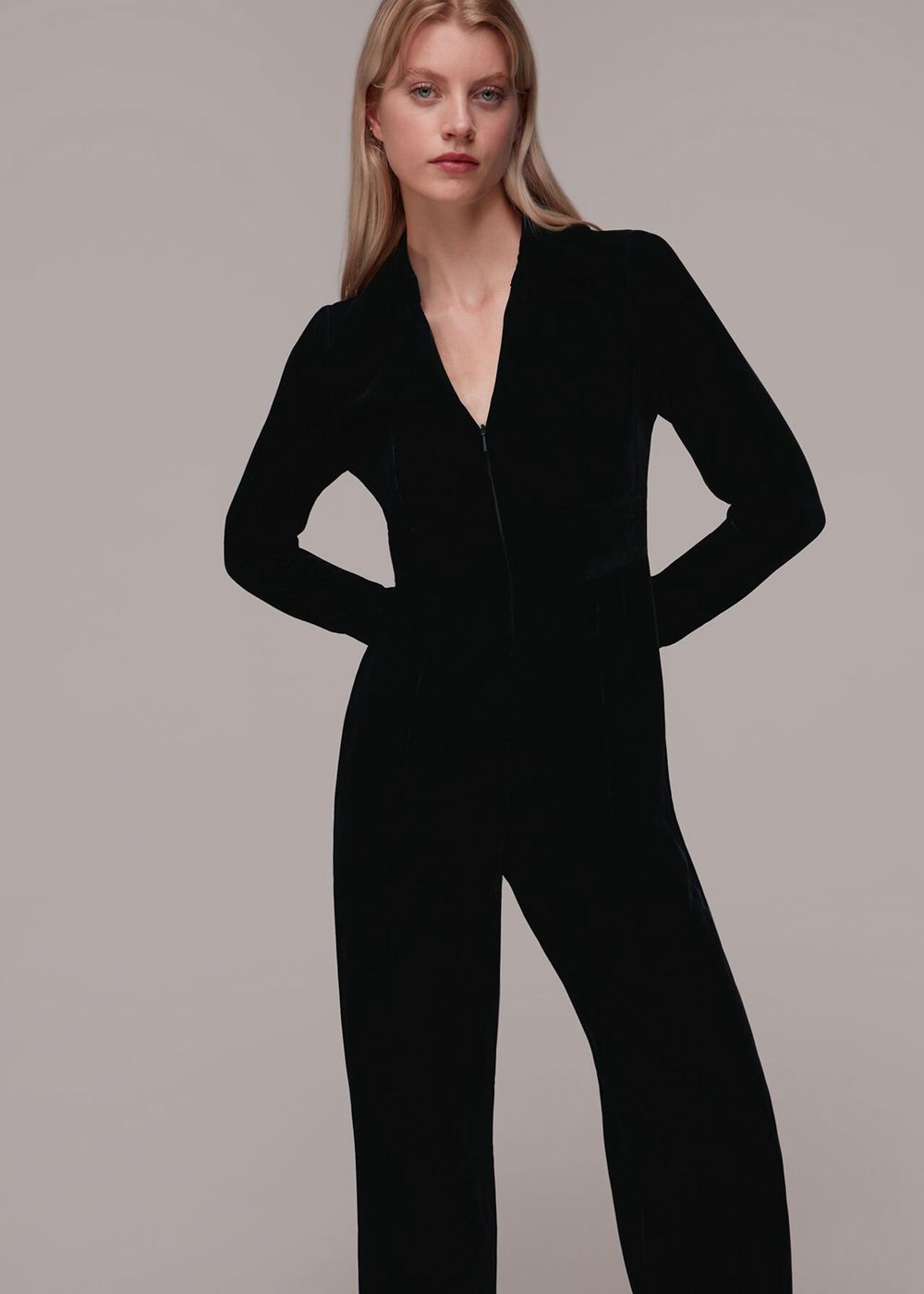 Whistles Velvet Zip Front Jumpsuit Black | US-90568BFZW