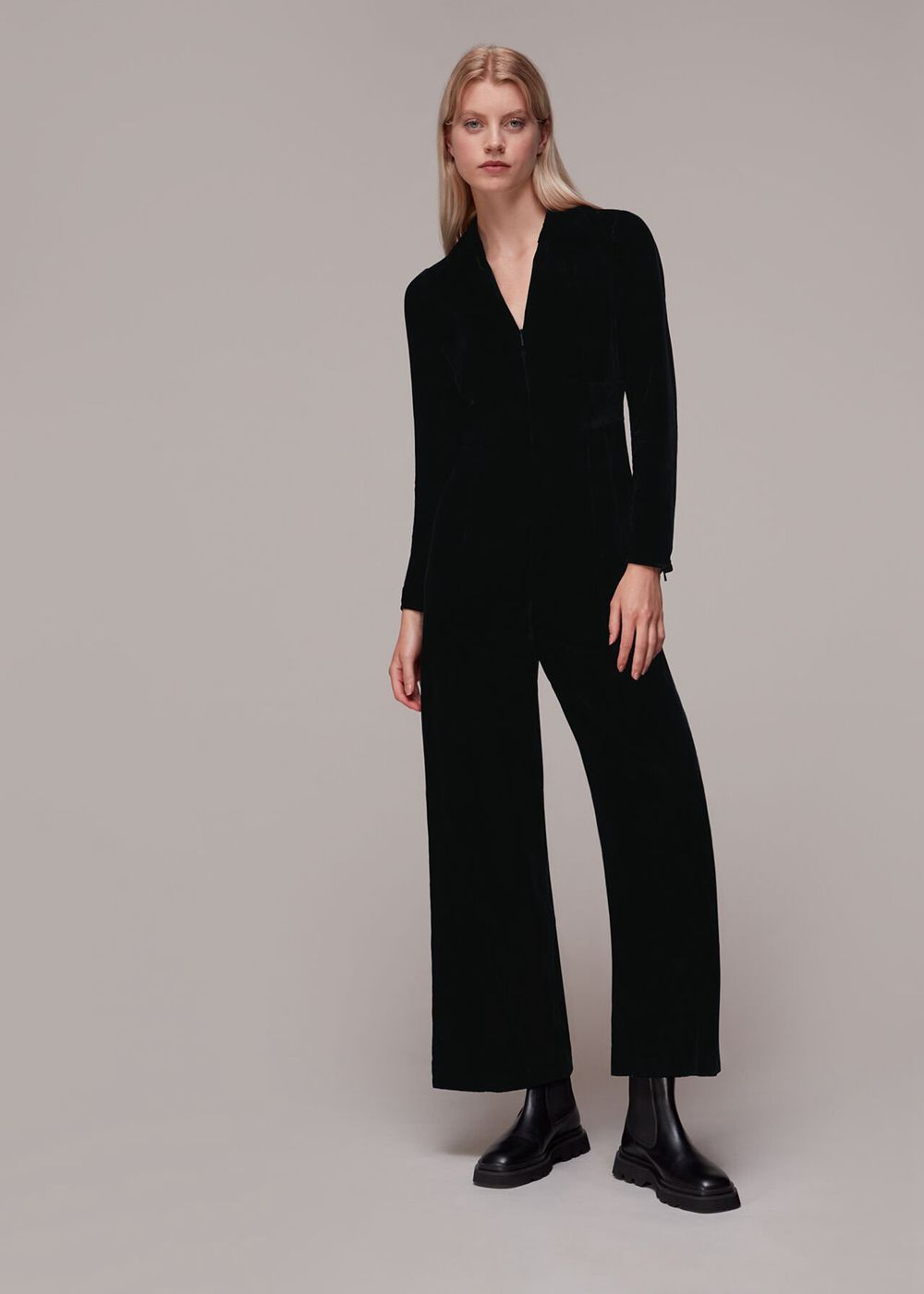 Whistles Velvet Zip Front Jumpsuit Black | US-90568BFZW