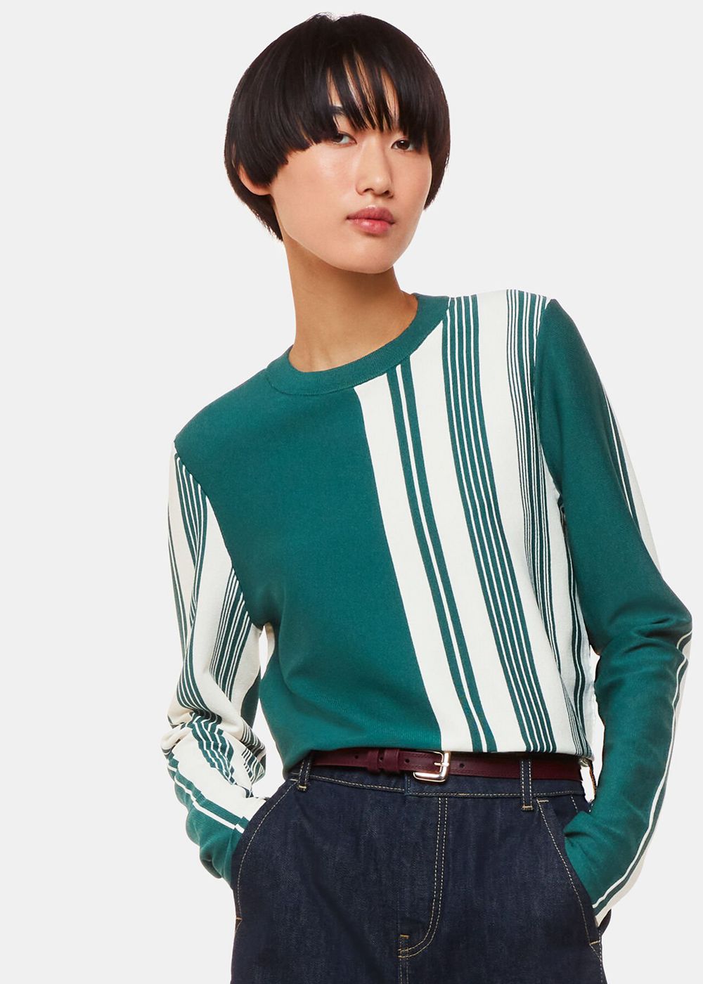 Whistles Vertical Stripe Crew Neck Knitwear Green / Multicolor | US-91783OCDU