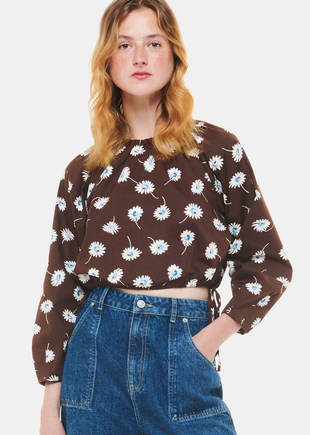 Whistles Watercolour Daisy Poplin Top Brown / Multicolor | US-62941HEXY