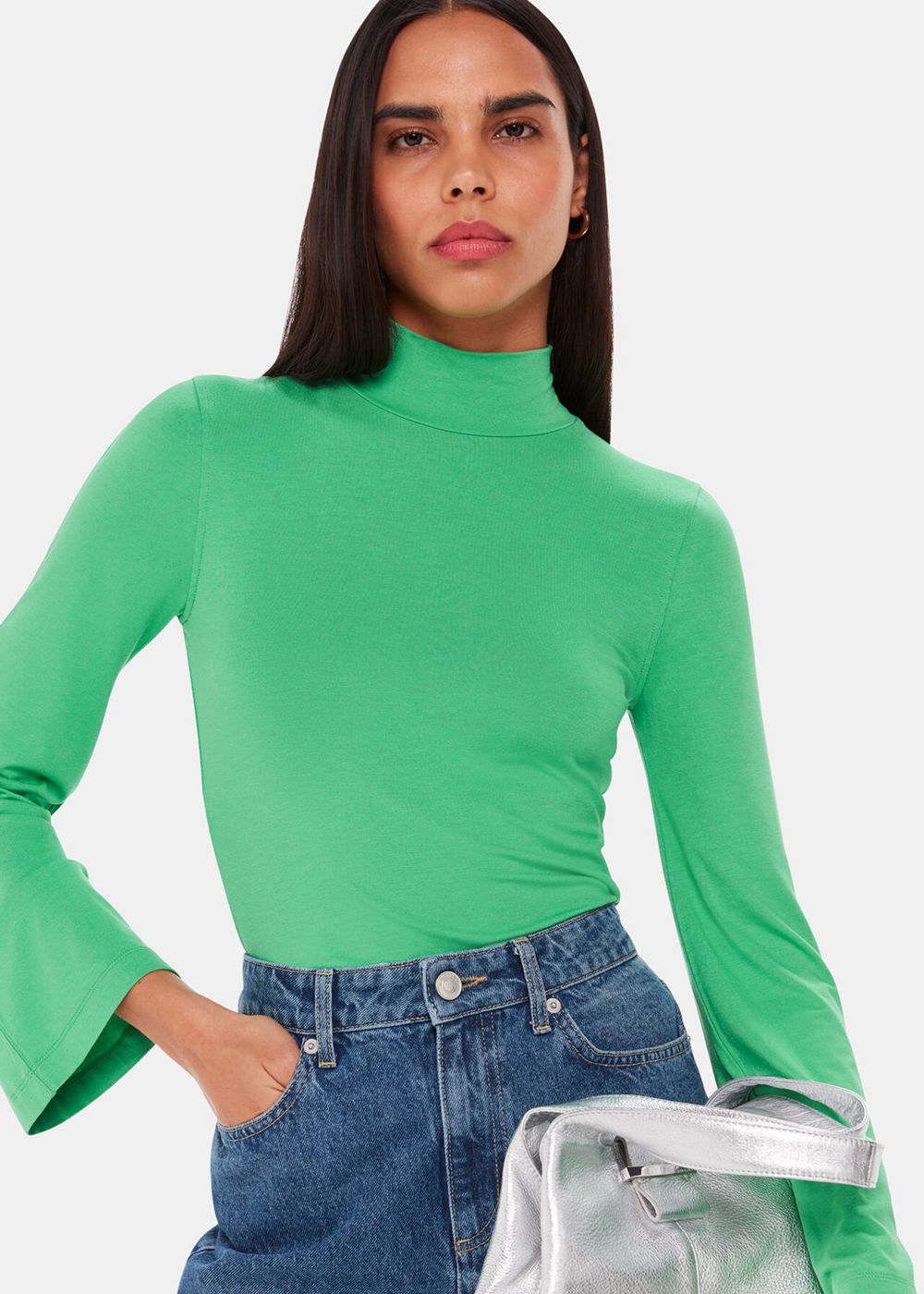 Whistles Wide Sleeve High Neck Top Green | US-85217GUNI