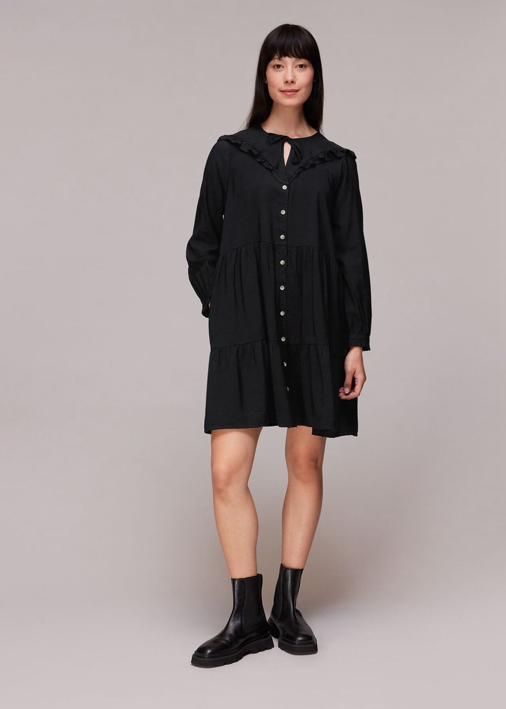 Whistles Willa Frill Trapeze Dress Black | US-43182FXBC