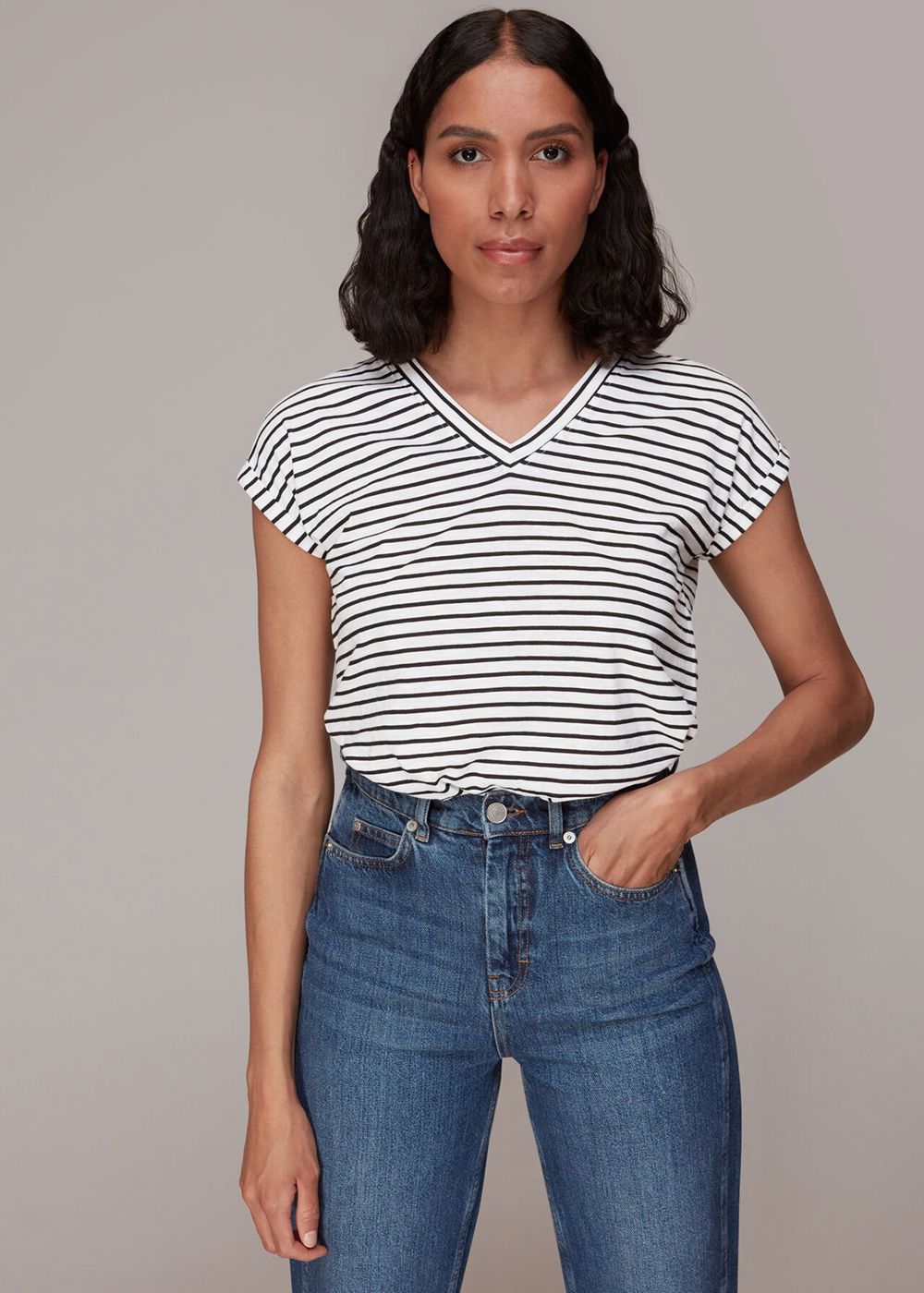 Whistles Willa Stripe V Neck T-Shirt Black / Multicolor | US-36750OETL