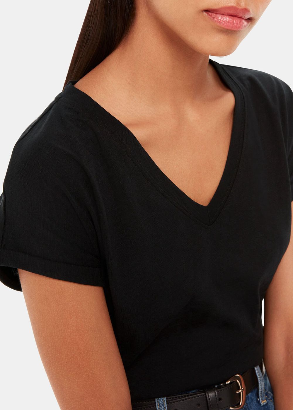 Whistles Willa V Neck Cap Sleeve T-Shirt Black | US-76835NWKT