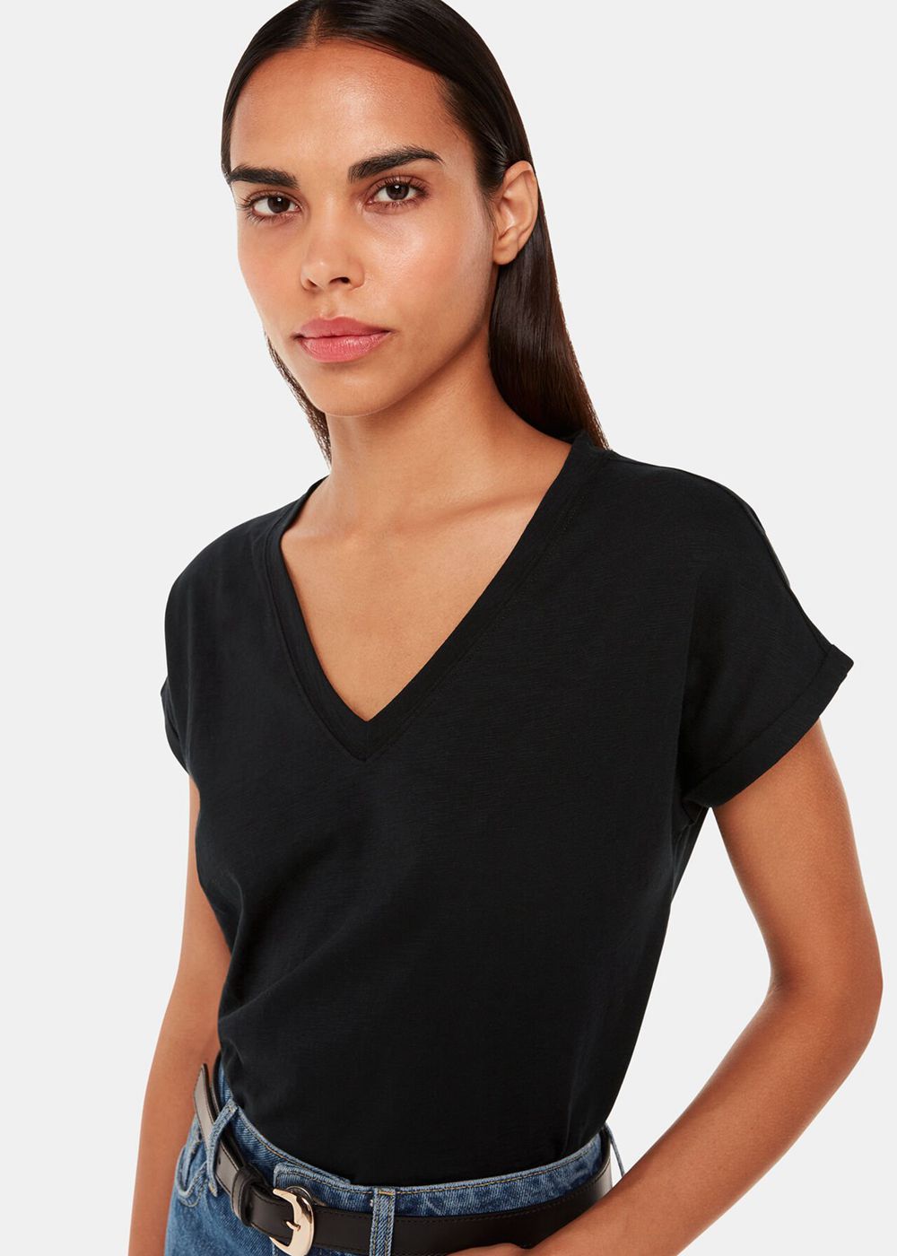 Whistles Willa V Neck Cap Sleeve T-Shirt Black | US-76835NWKT