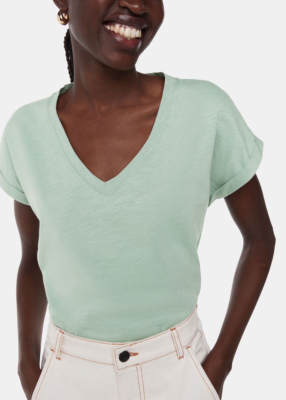 Whistles Willa V Neck Cap Sleeve T-Shirt Green | US-15298FKNE