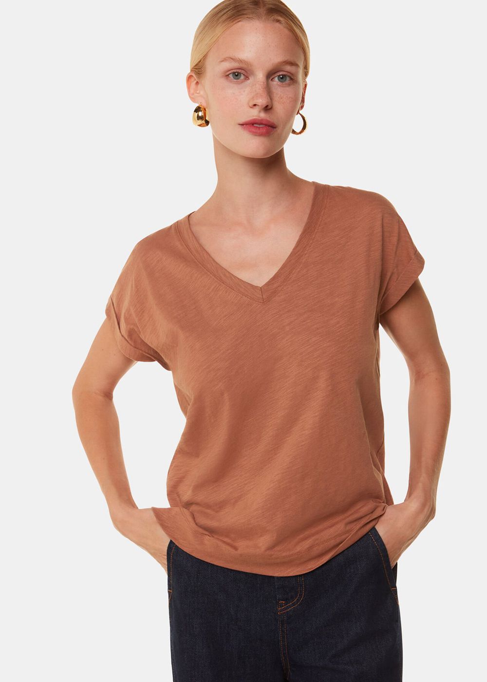 Whistles Willa V Neck Cap Sleeve T-Shirt Brown | US-15403MXIN