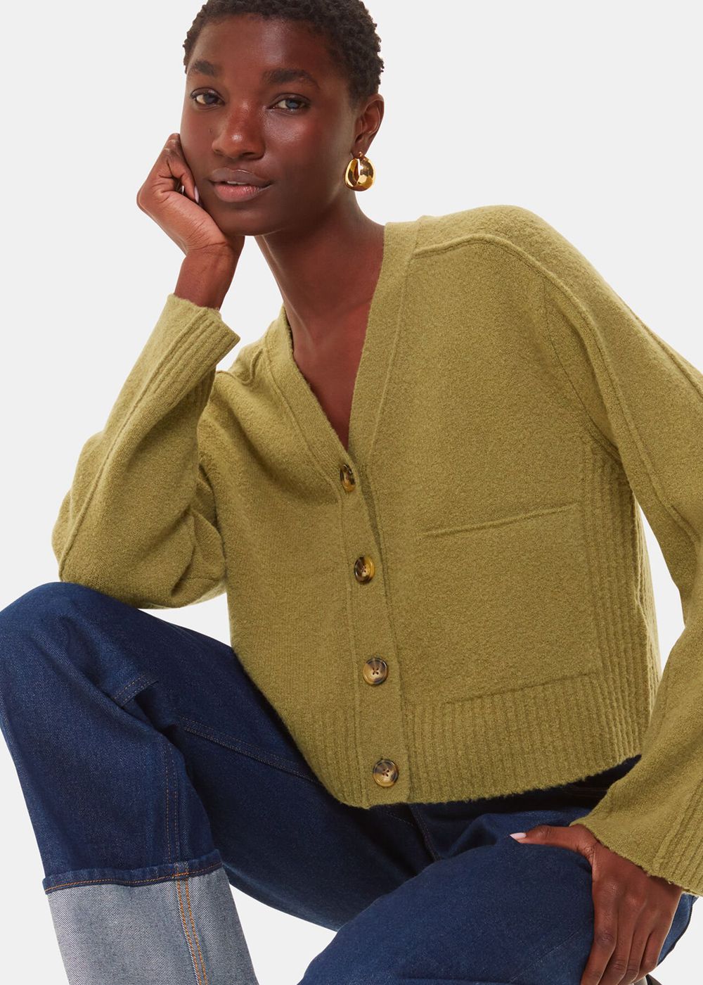 Whistles Wool Mix Pocket Cardigan Olive Green | US-20635TRKC