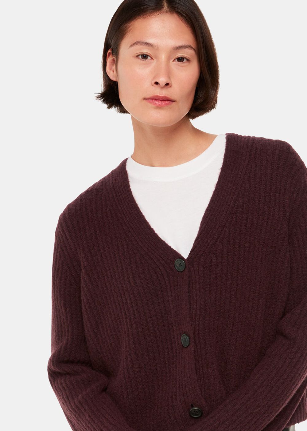 Whistles Wool Mix Rib Cardigan Burgundy | US-85067PXAO