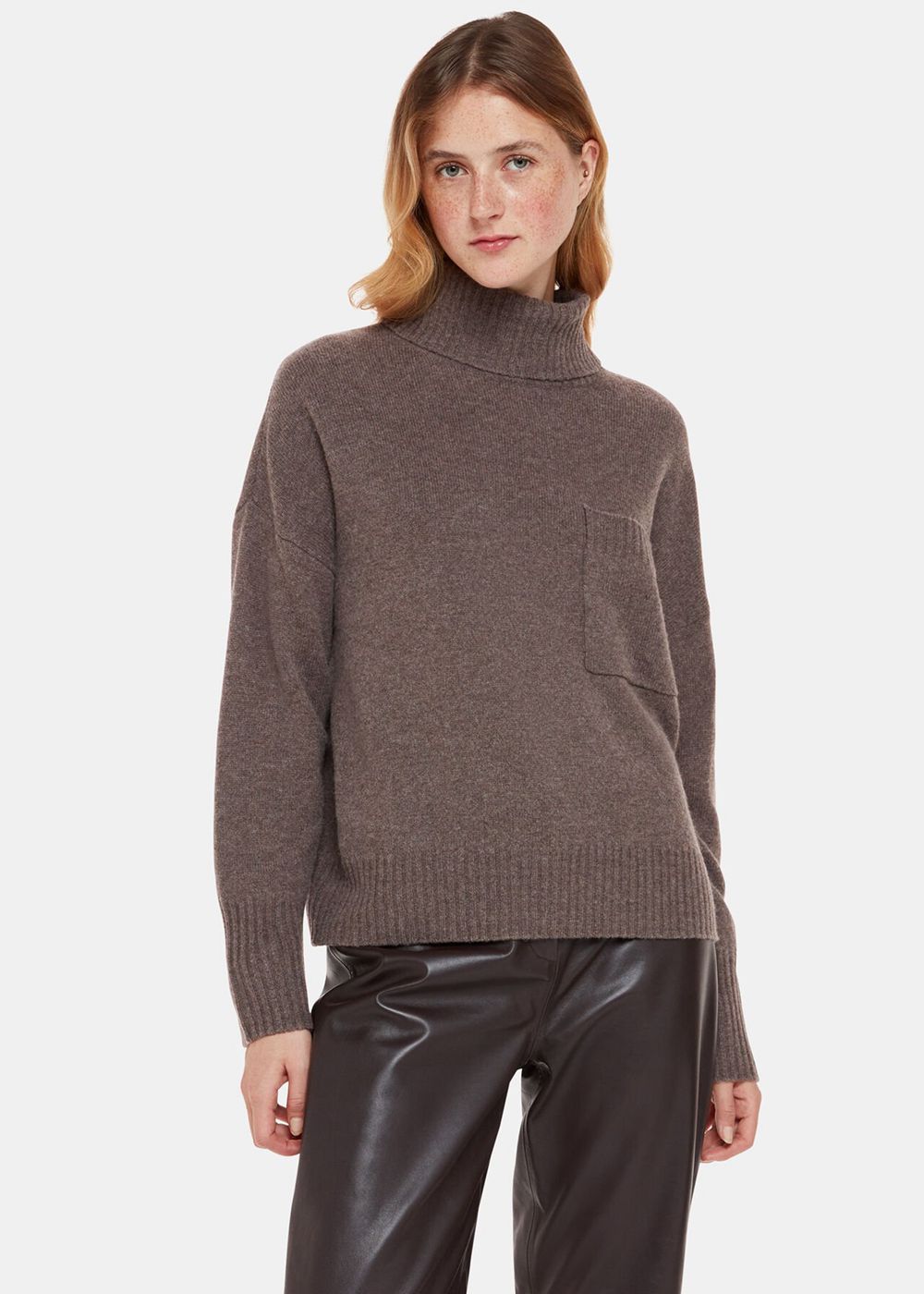 Whistles Wool Roll Neck Pocket Sweater Chocolate | US-50923GENA