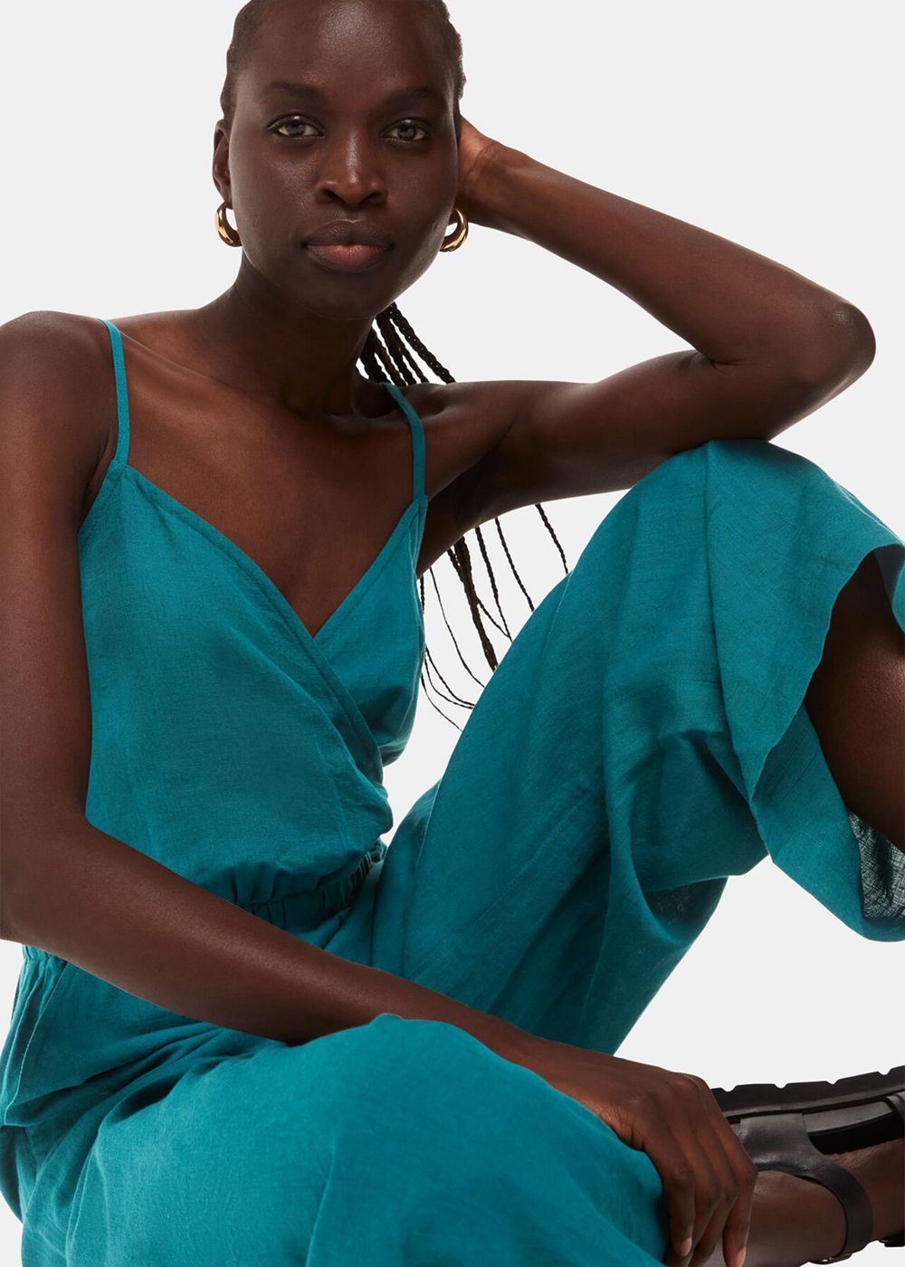 Whistles Wrap Linen Blend Jumpsuit Turquoise | US-01473PGWE