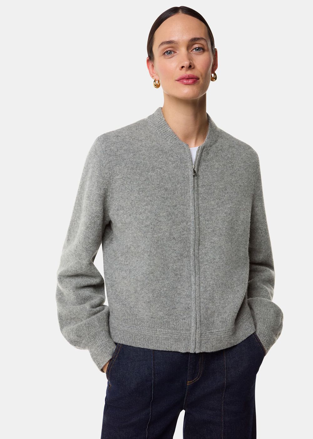 Whistles Zip Front Bomber Sweater Grey | US-20683TBNI