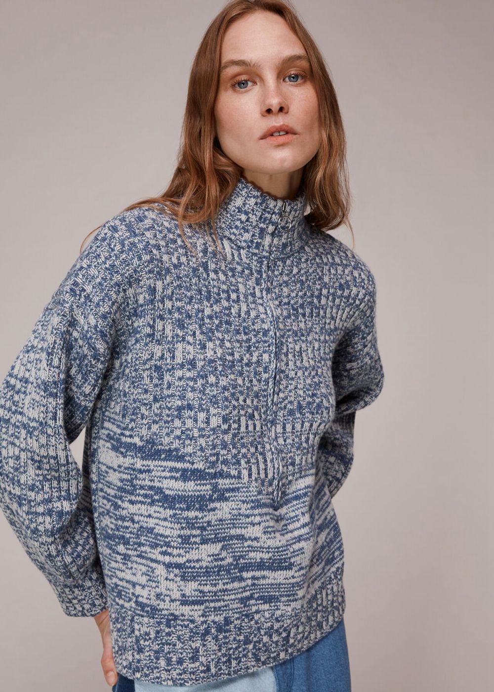 Whistles Zip Neck Rib Detail Sweater Blue | US-38294JWGK