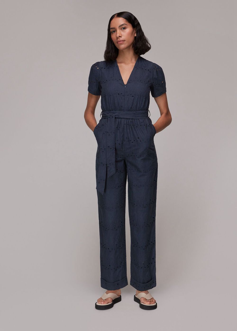 Whistles Zoe Broderie Jumpsuit Navy | US-30647ERVO